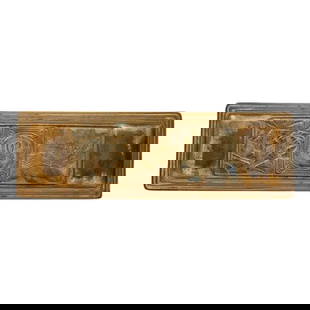 Tiffany Studios New York Bookmark Pattern Bronze Doré Pen Tray: A gorgeous Arts & Crafts period "Bookmark" pattern gilt bronze pen trayBy Tiffany Studios (signed to the underside)New York, USA, 1918Measures: 8.63"W x 2.75"D x 0.5"H.Good original vintage