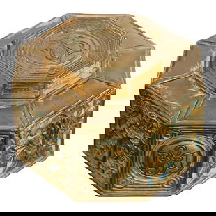 Tiffany Studios New York Bookmark Pattern Bronze Inkwell: A gorgeous Arts & Crafts period "Bookmark" pattern gilt bronze inkwellBy Tiffany Studios (signed to the underside)New York, USA, Early 20th CenturyMeasures: 4.25"W x 4.25"D x 2.75"H.Good original