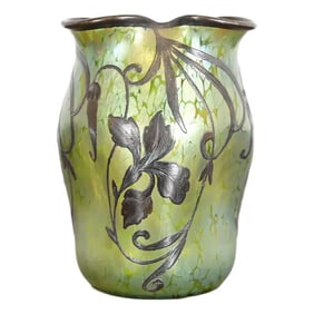 Loetz Art Nouveau Iridescent Art Glass Vase With Sterling Silver Overlay