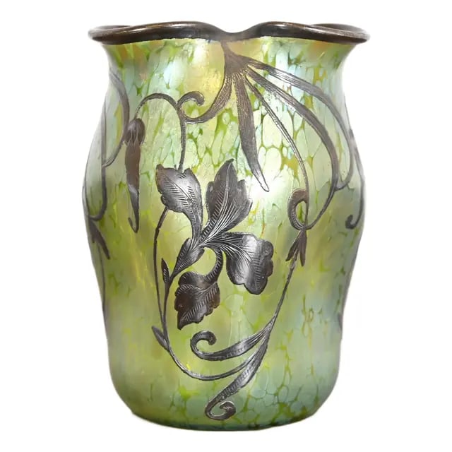 Loetz Art Nouveau Iridescent Art Glass Vase With Sterling Silver Overlay (1 of 10)