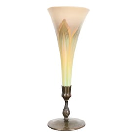 Louis Comfort Tiffany Favrile Iridescent Art Glass Tall Trumpet Vase on Bronze Stand
