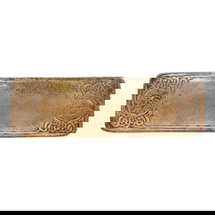 Tiffany Studios New York Zodiac Pattern Bronze Doré Pen Tray: A gorgeous antique Arts & Crafts or Art Deco period gilt bronze "Zodiac" pattern pen trayBy Tiffany Studios (signed to the underside)New York, USA, Early 20th CenturyMeasures: 10"W x 3.13"D x