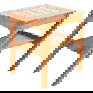 Stickley Mission Oak Arts & Crafts Tile Top Occasional Side Table: A beautiful Mission or Arts & Crafts style two-tier occasional side tableBy L. & J.G. StickleyUSA, 2004Carved solid oak, featuring a gorgeous inset tile top.Measures: 26"W x 20.25"D x 26.38"H.Very