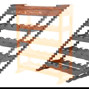 Stickley Harvey Ellis Collection Arts & Crafts Inlaid Oak 20-Bottle Wine Rack: An exceptional Mission or Arts & Crafts style 20-bottle wine rack with removable serving trayBy L. & J.G. Stickley, "Harvey Ellis Collection"USA, Early 21st CenturySolid oak, featuring exquisite