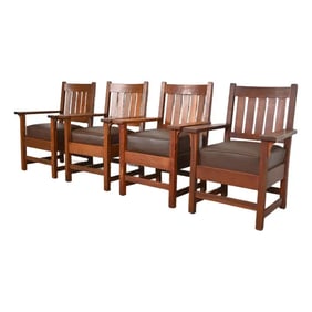 Gustav Stickley Antique Mission Oak Arts & Crafts Arm Chairs, Set of Four