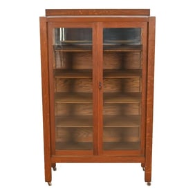 Limbert Style Antique Mission Oak Arts and Crafts Bookcase Cabinet, Circa 1900
