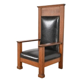 Antique Mission Oak Arts & Crafts Monumental Throne Chair, Circa 1900