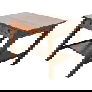 Gustav Stickley Mission Oak Arts & Crafts Writing Desk or Library Table, Newly Refinished: An exceptional antique Mission or Arts & Crafts writing desk or library tableBy Gustav StickleyUSA, Circa 1900Solid quarter sawn oak, with original hammered copper hardware.Measures: 42"W x 29.75"D x