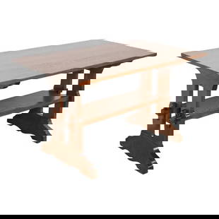 Gustav Stickley Mission Oak Arts & Crafts Trestle Library Table or Writing Desk, Newly Restored: A rare and exceptional antique Mission oak Arts & Crafts trestle library table or writing desk By Gustav Stickley USA, Circa 1900 Measures: 48.25"W x 29.75"D x 28.25"H. Professionally restored. Excell