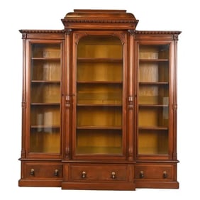 Herter Brothers Style Monumental Antique Eastlake Victorian Carved Burled Walnut Triple Bookcase