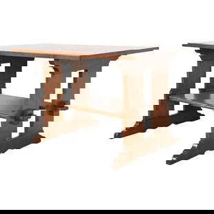 Gustav Stickley Mission Oak Arts & Crafts Trestle Library Table or Writing Desk, Newly Restored: A rare and exceptional antique Mission oak Arts & Crafts trestle library table or writing desk By Gustav Stickley USA, Circa 1900 Measures: 48"W x 30"D x 29"H. Professionally restored. Excellent condi