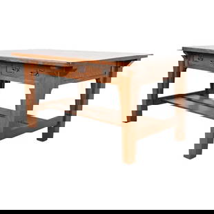 Antique Stickley Brothers Mission Oak Arts & Crafts Desk or Library Table, Newly Restored: An exceptional antique Mission or Arts & Crafts writing desk or library table By Stickley Brothers USA, Circa 1900 Solid quarter sawn oak, with hammered copper hardware. Measures: 60"W x 36"D x 29.75"