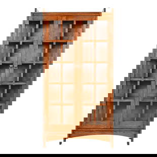 Gustav Stickley Style Mission Oak Arts and Crafts Bookcase Cabinet: A beautiful Mission or Arts & Crafts style bookcase cabinet In the manner of Gustav Stickley USA, Circa Late 20th Century Solid oak, with mullioned glass front doors and sides. Measures: 39.25"W x 15"