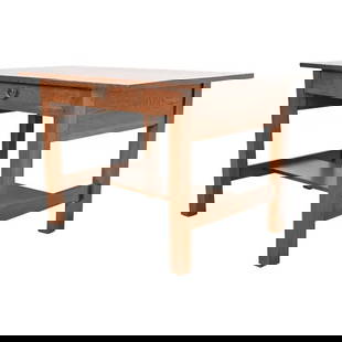 Gustav Stickley Mission Oak Arts & Crafts Writing Desk or Library Table, Circa 1900: A rare and exceptional antique Mission or Arts & Crafts writing desk or library table By Gustav Stickley USA, Circa 1900 Solid quarter sawn oak, with original hammered copper hardware. Measures: 48"W