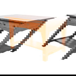 Limbert Antique Mission Oak Arts & Crafts Desk or Library Table, Newly Refinished: An exceptional antique Mission or Arts & Crafts library table or writing deskBy Charles P. Limbert Co.USA, Circa 1900Solid quartersawn oak, with original copper hardware.Measures: 48"W x 32.25"D x