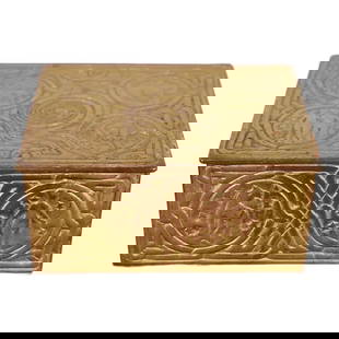 Tiffany Studios New York Zodiac Pattern Bronze Doré Box: A gorgeous antique Arts & Crafts or Art Deco period gilt bronze "Zodiac" pattern desk box, decorative box, or jewelry boxBy Tiffany Studios (signed to the underside)New York, USA, Early 20th