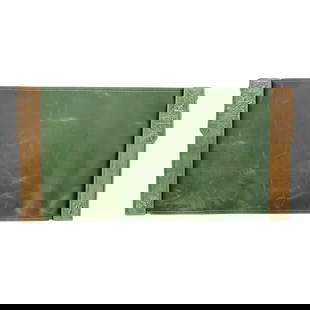 Tiffany Studios New York American Indian Bronze Doré Blotter Ends With Leather Desk Blotter: A gorgeous pair of Art Deco or Arts & Crafts period gilt bronze blotter ends in the "American Indian" pattern, with a custom green leather desk blotter. By Tiffany Studios (signed to the underside of