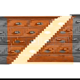Antique Arts & Crafts Oak 15-Drawer Filing Cabinet or Apothecary Cabinet, Circa 1900: A rare and exceptional antique Arts & Crafts 15-drawer card catalog, file cabinet, or apothecary cabinet USA, Early 20th Century Oak, with original iron hardware. Measures: 52.63"W x 12.88"D x 36"H. V