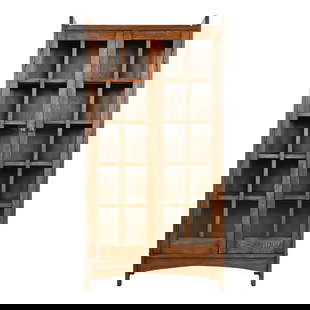 Gustav Stickley Style Mission Oak Arts and Crafts Bookcase Cabinet: A beautiful Mission or Arts & Crafts style bookcase cabinet In the manner of Gustav Stickley USA, Circa Late 20th Century Solid oak, with mullioned glass front doors and sides. Measures: 40"W x 15.25"