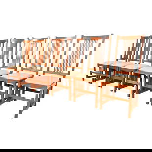 Stickley Mission Arts & Crafts Cherry Wood High Back Spindle Dining Chairs, Set of Six: An exceptional set of six Mission or Arts & Crafts style high back spindle dining chairs By L. & J.G. Stickley USA, Circa Late 20th Century Solid cherry wood frames, with upholstered seats. Measures: