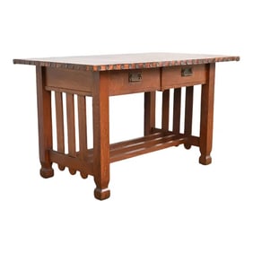 Antique Stickley Brothers Mission Oak Arts & Crafts Leather Top Writing Desk or Library Table