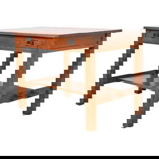 Antique Stickley Mission Oak Arts & Crafts Desk or Library Table, Circa 1900: An exceptional antique Mission or Arts & Crafts writing desk or library table By L. & J.G. Stickley USA, Circa 1900 Solid quarter sawn oak, with original hammered copper hardware. Measures: 42"W x 28"