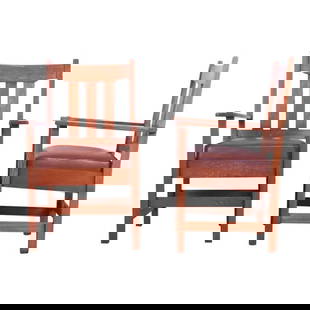 Stickley Brothers Mission Oak Arts & Crafts Arm Chairs, Pair: A rare and exceptional pair of Mission Arts & Crafts club chairs or dining armchairs By Stickley Brothers USA, Circa 1900 Solid quarter sawn oak frames, with leather upholstered seats. Measures: 26"W