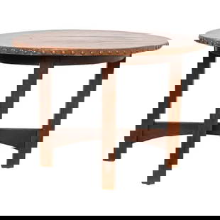 Gustav Stickley Antique Mission Oak Arts & Crafts Leather Top Center Table or Breakfast Table: A gorgeous antique Mission or Arts & Crafts center table or breakfast table By Gustav Stickley (signed with red decal) USA, Circa 1900 Solid quarter sawn oak, with leather top. Measures: 40.25"W x 40.