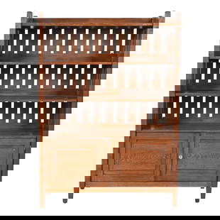 Stickley Brothers Style Antique Mission Oak Arts & Crafts Bookcase, Newly Refinished: An exceptional antique Mission or Arts & Crafts bookcase In the manner of Stickley Brothers USA, Early 20th Century Oak, with brass hardware. Lower cabinet locks, and key is included. Measures: 39.25"