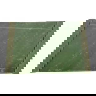 Tiffany Studios New York Graduate Pattern Bronze Blotter Ends With Leather Desk Blotter: A gorgeous pair of Art Deco or Arts & Crafts period patinated bronze Graduate pattern blotter ends in verdigris finish, with a custom green leather desk blotter.By Tiffany Studios (signed to the