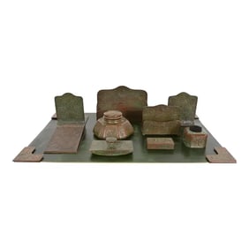 Tiffany Studios New York Zodiac Bronze Nine-Piece Desk Set, Circa 1910