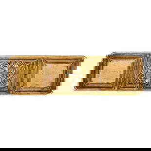 Tiffany Studios New York Bronze Doré and Abalone Pen Tray: A gorgeous Arts & crafts period gilt bronze and inlaid abalone pen tray By Tiffany Studios (signed to the underside) New York, USA, Early 20th Century Measures: 8.75"W x 2.63"D x 0.75"H. Good