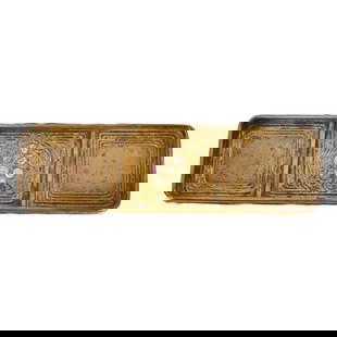 Tiffany Studios New York Bronze Doré and Abalone Pen Tray: A gorgeous Art Deco or Arts & Crafts period gilt bronze and inlaid abalone pen tray By Tiffany Studios (signed to the underside) New York, USA, Early 20th Century Measures: 8.75"W x 2.5"D x 0.5"H.