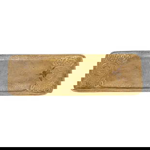 Tiffany Studios New York Zodiac Bronze Doré Pen Tray: A gorgeous antique Art Deco period gilt bronze pen tray featuring Zodiac designs By Tiffany Studios (signed to the underside) New York, USA, Early 20th Century Measures: 10"W x 3.25"D x 0.5"H Good ori