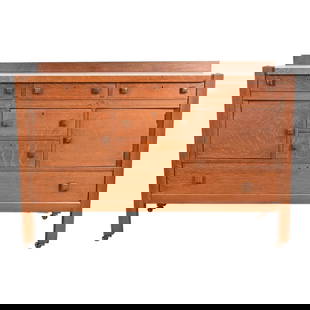 Stickley Brothers Style Antique Mission Tiger Oak Arts & Crafts Sideboard or Bar Cabinet, Circa 1900: A gorgeous antique Mission or Arts & Crafts tiger oak sideboard, buffet server, or bar cabinet In the manner of Stickley Brothers USA, Circa 1900 Measures: 60"W x 24"D x 41.13"H. Very good original vi
