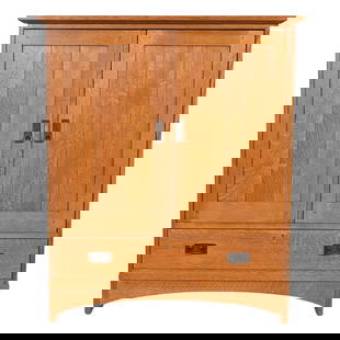 Stickley Mission Oak Arts & Crafts Media Cabinet: A beautiful Mission or Arts & Crafts media cabinet or armoire By L. & J.G. Stickley USA, Late 20th Century Solid quarter sawn oak, with original hammered copper hardware. Measures: 42.88"W x 23"D x 51