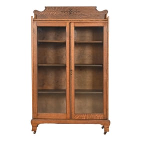 Antique Victorian Carved Oak Glass Front Bookcase, Circa 1890