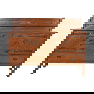 L. & J. G. Stickley Antique Mission Oak Arts & Crafts Strap-Hinge Sideboard, Newly Refinished: An exceptional Mission or Arts & Crafts period strap-hinge sideboard, credenza, buffet server, or bar cabinet By L. & J.G. Stickley USA, Circa 1910 Quartersawn oak, with original hammered copper hardw