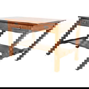Stickley Antique Mission Oak Arts & Crafts Writing Desk or Library Table, Newly Refinished: An exceptional antique Mission or Arts & Crafts writing desk or library table By L. & J.G. Stickley USA, Circa 1900 Quarter sawn oak, with original hammered copper hardware. Measures: 48"W x 30"D x 29