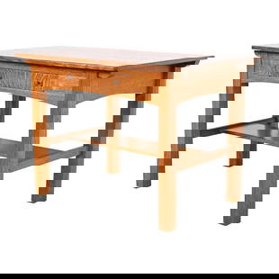 Limbert Antique Mission Oak Arts & Crafts Writing Desk or Library Table, Circa 1910: An exceptional antique Mission or Arts & Crafts library table or writing desk By Charles P. Limbert Co. USA, Circa 1910 Solid quartersawn oak, with original copper hardware. Measures: 42"W x