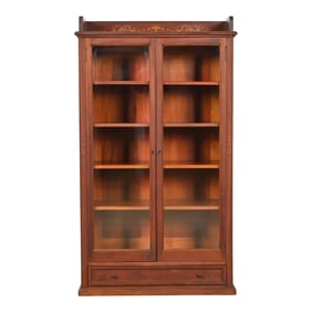 R. J. Horner Style Antique Victorian Carved Mahogany and Inlaid Marquetry Glass Front Double