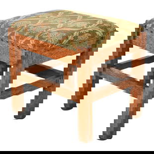 Stickley Brothers Style Mission Oak Arts & Crafts Upholstered Footstool or Ottoman, Circa 1900: A gorgeous antique Mission or Arts & Crafts period footstool or ottoman In the manner of Stickley Brothers USA, Circa 1900 Quarter sawn oak, with brass studded William Morris style upholstery. 