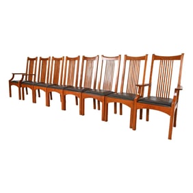 Stickley Mission Arts & Crafts Cherry Wood Spindle Dining Chairs, Set of Eight