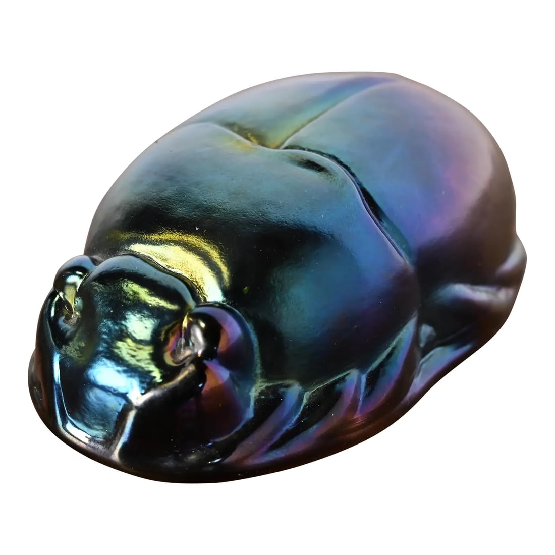 Tiffany Studios Style Iridescent Favrile Glass Scarab Paperweight: A gorgeous Arts & Crafts or Art Deco style iridescent favrile glass scarab paper weight In the manner of Tiffany Studios USA, 20th Century Measures: 4.63"W x 2.75"D x 1.63"H Very good original vintage