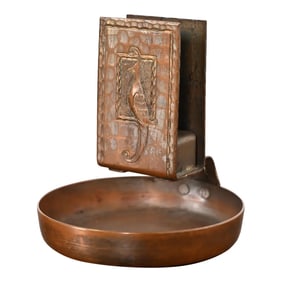 Roycroft Arts & Crafts Hammered Copper Bird-Of-Paradise Ashtray With Match Box Holder