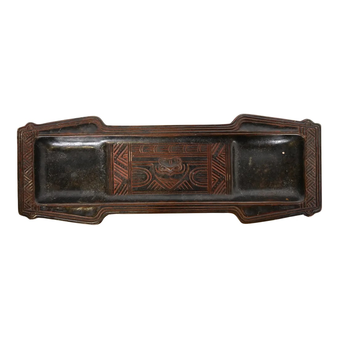 Tiffany Studios New York American Indian Patinated Bronze Pen Tray: A gorgeous Art Deco or Arts & Crafts period patinated bronze pen tray in the "American Indian" pattern. By Tiffany Studios (signed to the underside) New York, USA, Early 20th Century Measures: 11.13"W