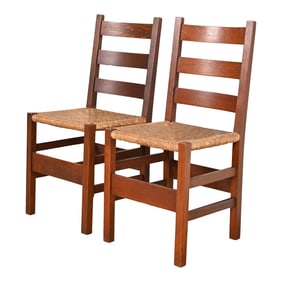 Gustav Stickley Antique Mission Oak Arts & Crafts Ladder Back Side Chairs With Rush Seats, Pair