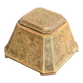 Tiffany Studios New York Chinese Pattern Large Bronze Inkwell, Circa 1910