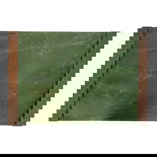 Tiffany Studios New York Zodiac Bronze Blotter Ends With Leather Desk Blotter: A gorgeous pair of Art Deco or Arts & Crafts period bronze blotter ends featuring symbols of the Zodiac, with a custom green leather desk blotter. By Tiffany Studios (blotter ends signed to the unders