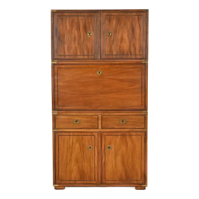 Thomasville Mid-Century Modern Hollywood Regency Campaign Walnut and Brass Secretary Desk Cabinet,